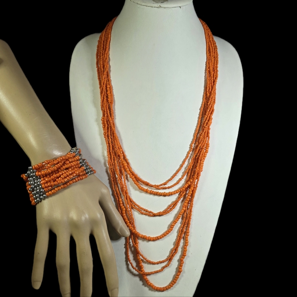 Paparazzi Vibrant Orange Multi-Strand Necklace and Bracelet SET